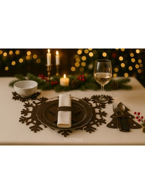 Empressco Yılbaşı Temalı 2 Kişilik 10 Parça Keçe Amerikan Servis Seti, Kar Tanesi, Ağaç ve Yıldız Desenli