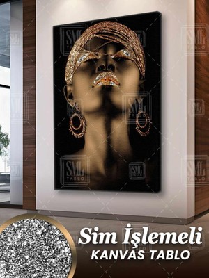 SML Tablo Simli Afrikalı Kadın Pırıltılı Portre Gold African Woman Sim Işlemeli Dikey Kanvas Tablo