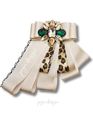 Pegu Shine Seri Ekru Grogren Leopar Kurdele Taşlı Yaka Çiçeği Broş Okul,iş,şal,gömlek