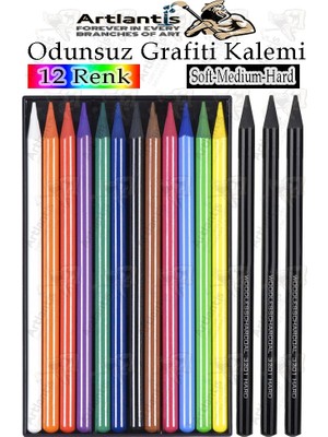 Artlantis Odunsuz Grafiti Kalemi 12 Renk ve 3 Siyah 1 Paket Odunsuz Kömür Kalemi Füzen Çizim Eskiz Kalemi Karakalem Kalemi