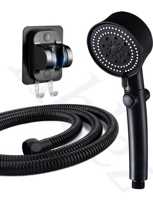 Teknotrust Çok Fonksiyonlu Siyah Duş Başlığı Seti, Hortum ve Yapışkanlı Mafsal ile Kolay Kullanım