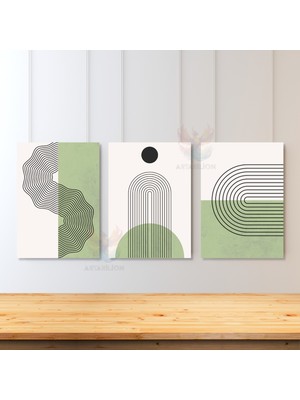 Artarilion 3'lü Set Kanvas Tablo Minimalist Tasarım Line Art Yeşil Beyaz Oturma Odası Tablosu Kanvas Tablo