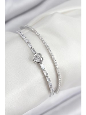 Eco Port Pirinç Zirkon Taşlı Kalp Model Gümüş Renk Kadın Bileklik