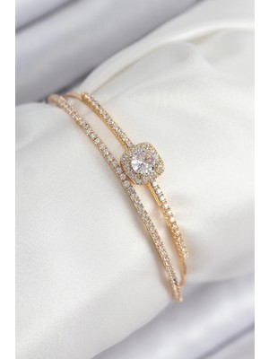 Eco Port Pirinç Zirkon Taşlı Baget Model Gold Renk Kadın Bileklik