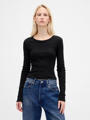 Gap Kadın Siyah Ribana Crop Bisiklet Yaka T-Shirt