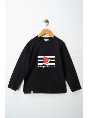 Dekim Moda Kız Çocuk Uzun Kollu Bisiklet Yaka "özgür Filistin" Baskılı Tişört Mevsimlik Pamuklu