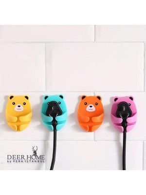 Deer Home By Pera İstanbul Çok Amaçlı Ayıcık Desenli 4'lü Yapışkanlı Fiş Askısı Tutucu Pratik Şarj Kablo Tutucu 4lü Set