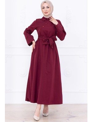 Önden Çapraz Düğmeli Kuşaklı Elbise Bordo HM2755