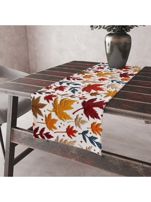 Alkan Homes Punch Işlemeli Görünümlü Sonbahar Yaprak Desen Leke Tutmaz Kumaş Kenarları Dikişli Dekoratif Masa Örtüsü Runner 45×100 cm