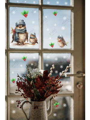 Empressco Renkli Yılbaşı Kuş ve Yavruları Kokina-Kar Taneleri Sticker Seti