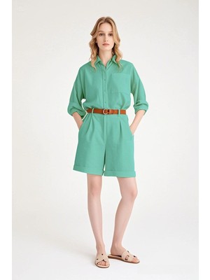 Yazlık Uzun Kol Keten Gömlek Şort Ikili Su Yeşili Takım