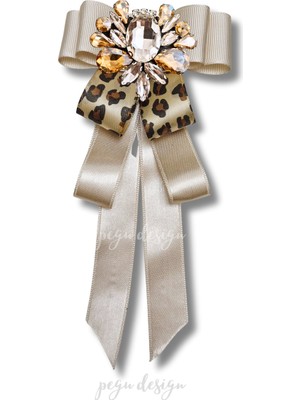 Pegu Shine Seri Ekru Grogren Leopar Kurdele Taşlı Yaka Çiçeği Broş Okul,iş,şal,gömlek