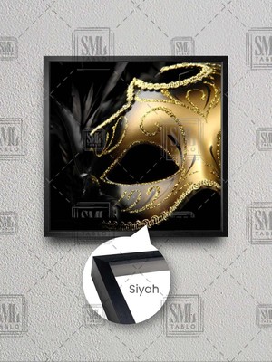 sml tablo siyah tüy gold simli  maske dekor çerçeveli kare kanvas tablo