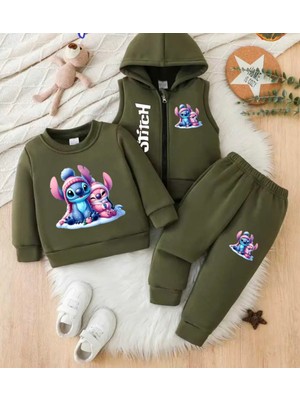 Punix Kids Punıx Kıds Özel Üretim Stitch Kar Tatili Baskılı %100 Pamuk Kışlık Kız Çocuk Yelekli 3 Lü Eşofman Takımı