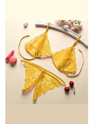 Kadın Sarı Dantelli Sütyen Külot Takımı