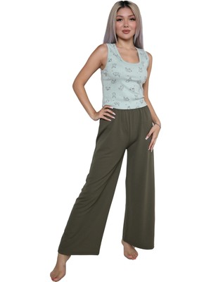 Kadın Kalın Askılı Body Bol Paça Pantolon 2`li Takım Su Yeşili