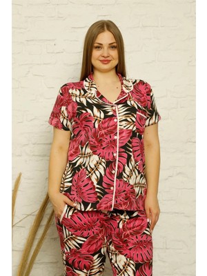 Kadın Pamuklu Cepli Kısa Kol Büyük Beden Pijama Takım Fuşya