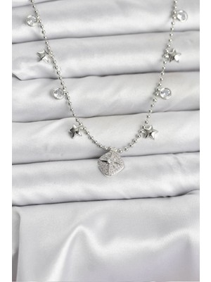 Eco Port Pirinç Gümüş Renk Zirkon Taşlı Kutup Yıldızı Model Kadın Kolye