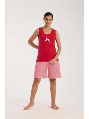 Kadın Kırmızı Kurdele Detaylı Çizgili Şortlu Pijama Takımı
