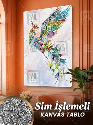SML Tablo Sim Işlemeli Renkli Simurg Kuşu Zümrüdü Anka Uçan Pırıltılı Kuşlar Dekor Simli Dikey Kanvas Tablo