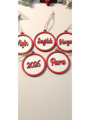 Empressco Kırmızı Ahşap Yılbaşı Süsü Aşk ve Para Temalı 5'li Set 9cm