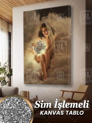 SML Tablo Simli Gökyüzünde Oturan Nü Kadın Pırıltılı Ay Bulut Masal Sim Işlemeli Dikey Kanvas Tablo
