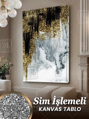 SML Tablo Simli Altın Mermer Modern Gold Dekoratif Pırıltılı Siyah Sim Işlemeli Dikey Kanvas Tablo