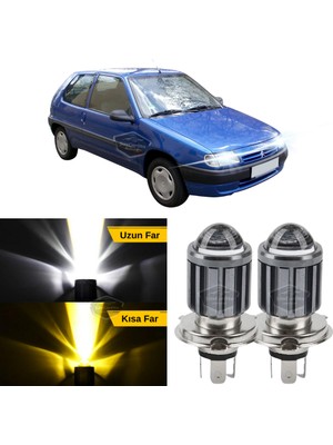 Caralp Citroen Saxo 1996-2005 Uyumlu Mercekli Far Ampulü LED Xenon Çift Renk Sarı-Beyaz Far Şimşek Etkili Csp LED Lamba Uzun Kısa 2 Adet Takım