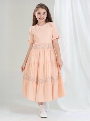 Giyinse Helen Dantel Detaylı Kız Çocuk Elbise Somon