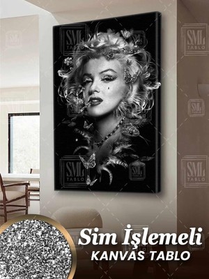 SML Tablo Sim Işlemeli Marilyn Monroe Kelebek Hollywood Ikon Kadın Pırıltılı Simli Dikey Kanvas Tablo