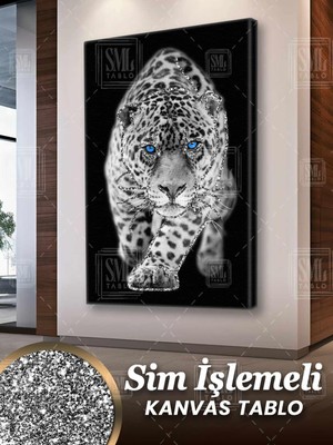 SML Tablo Sim Işlemeli Mavi Gözlü Leopar Vahşi Hayvan Doğa Simli Dikey Kanvas Tablo
