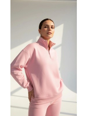 3 Iplik Şardonlu Yarım Fermuarlı Sweatshirt Somon