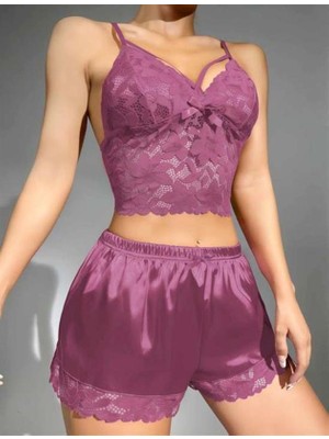 Bleu Petite Çiçek Desenli Saten Kumaş Şortlu Pijama Takım