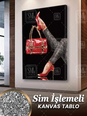 SML Tablo Simli Kırmızı Ayakkabılı Pırıltılı Çantalı Kadın Woman Modern Sim Işlemeli Dikey Kanvas Tablo
