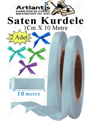 Artlantis Açık Mavi Kurdele Saten 1 cm 10 Metre 2 Adet Saten Kurdela Parlak Hediye ve Süsleme Şeridi Süs Paketleme Çiçek Saç El