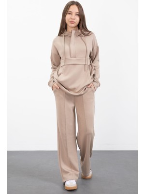 Cansın Mini Bej Yarım Fermuarlı Kapüşonlu Kız Çocuk Geniş Paça Eşofman Takımı 23407