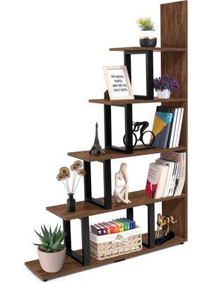 Metal Ahşap Kitaplık Dekoratif 5 Raflı Ofis Kitaplığı Kitap Dosya Rafı Çiçeklik Rafı Dekorasyon