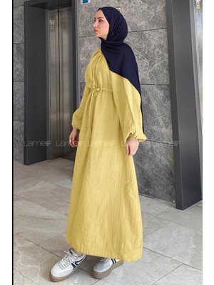 Lamelif Balon Kol Bağlamalı Tesettür Elbise Sarı