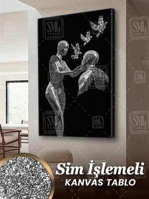 SML Tablo Sim Işlemeli Gümüş Kadın Ellerinde Metal Adam Aşk Beyaz Güvercinler Simli Dikey Kanvas Tablo