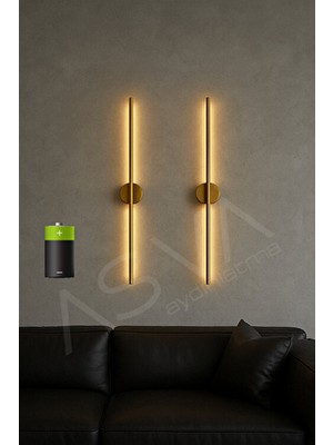 Asva Aydınlatma 2 Li 70 cm Ortadan Taslı Pilli Aplik Günışığı LED Gold Kasa Pil Dahil, Dekoratif Duvar Lambası
