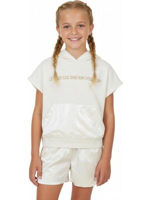 Nk Kids Kız Çocuk Vizon Kapüşonlu İkili Takım – Sweatshirt & Parlak Şort Kombini