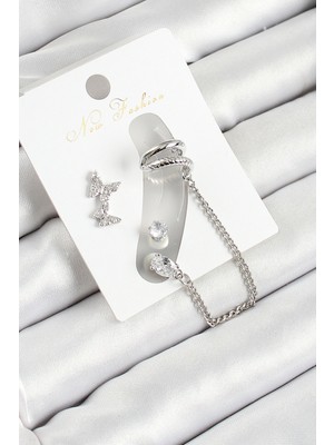 Al-Kar Ticaret Pirinç Kelebek Figürlü Zirkon Taşlı Gümüş Renk 3'lü Kıkırdak Kadın Küpe Set