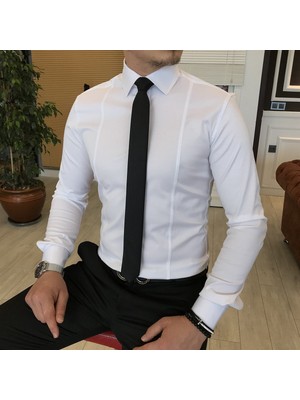 Terzi Adem İtalyan stil slim fit erkek kravat yaka gömlek Beyaz T4775