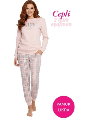 Bie's Kadın Pudra Ekose Desen Düğmesiz Bilek Manşetli 2 İplik Pamuklu Cepli Kışlık Jogger Eşofman Pijama Takımı