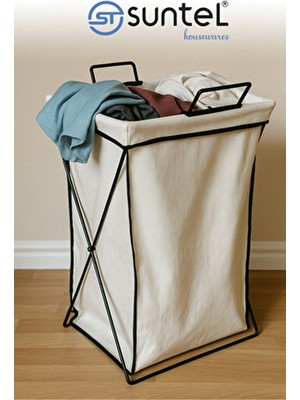 Suntel Katlanabilir Kumaş Çamaşır Sepeti – Siyah Metal Gövdeli, Krem Renk Torbalı