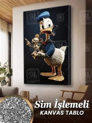 SML Tablo Sim Işlemeli Elinde Altın Heykel Tutan Ördek Simli Dikey Kanvas Tablo