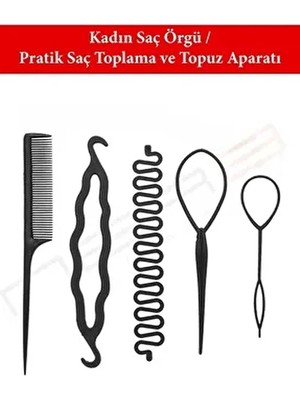BİYUTREND 5'li Siyah Renk Topuz Aparat Seti Plastik Malzemeden Kadınlar İçin Pratik Saç Şekillendirme