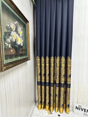 Nivemes Home Nivemeshome Gönen Lacivert-Gold 671539 V-503 1/3 Sık Pileli Fon Perde Apm