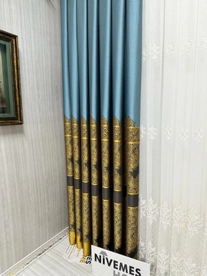 Nivemes Home Nivemeshome Gönen Turkuaz-Gold 671539 V-2504 1/3 Sık Pileli Fon Perde Apm