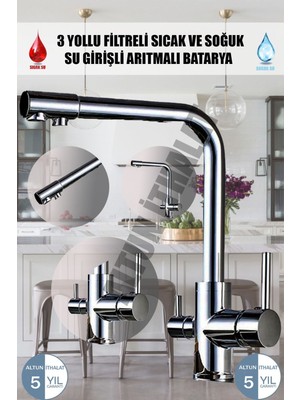 Blackfit 3 Yollu Arıtmalı Sıcak Soğuk Çıkışlı Krom Renk Evye Mutfak Bataryası Arıtmalı Musluk